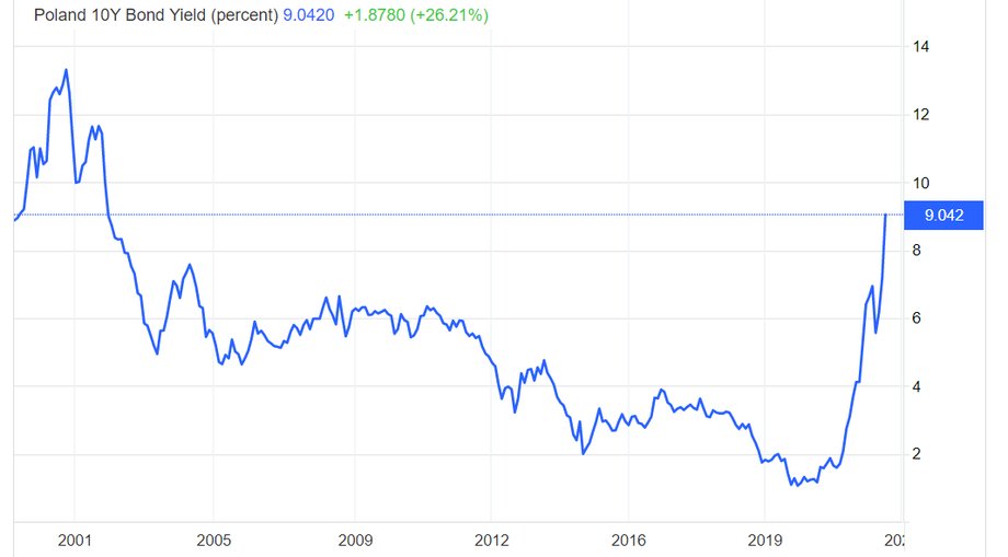 Rentowności 10-letnich obligacji emitowanych przez Polskę przekroczyły w piątek 9 proc. Są najwyższe od ponad dwóch dekad.