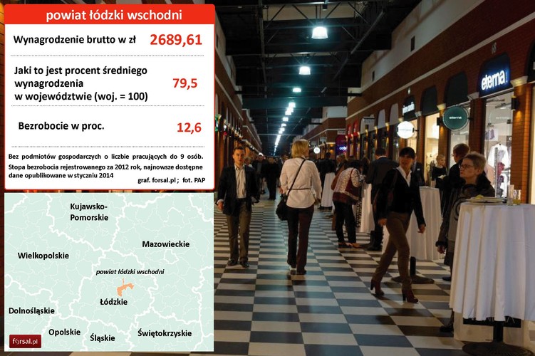 8. Powiat łódzki wschodni (woj. łódzkie) Część aglomeracji Łodzi, należą do niego Koluszki, Rzgów, Tuszyn, Andrespol, Brójce i Nowosolna. W latach 90-tych Tuszyn i Rzgów rozwijały się dzięki handlowi tekstyliami. Po przeniesieniu produkcji z Łodzi i okolic na Daleki Wschód podupadły. Jednak Centrum Handlowe Ptak w Rzgowie to największy ośrodek handlu odzieżą i tekstyliami w Polsce oraz jeden z największych w Europie. W Tuszynie działał zakład filmów lalkowych Se-ma-for, zlikwidowany pod koniec lat 90-tych. Tu powstały zdjęcia do seriali Miś Uszatek, Miś Colargol, Pingwin Pik-Pok. Na zdjęciu: Rzgów - uroczyste otwarcie Ptak Outlet; fot. PAP - Grzegorz Michałowski