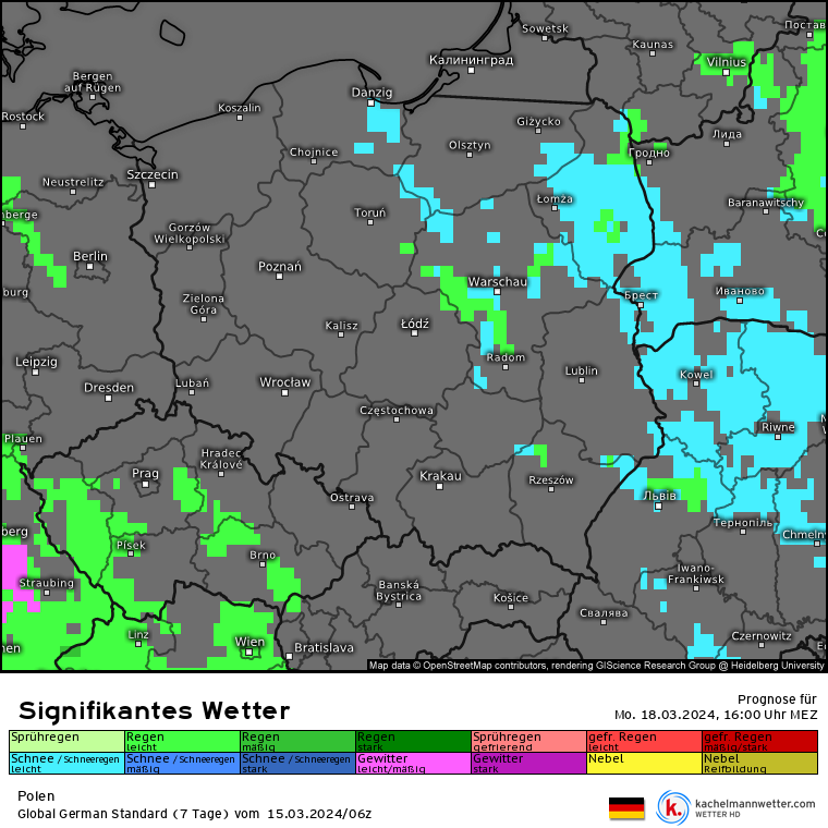 Na wschodzie i północnym wschodzie opady deszczu zaczną przechodzić w śnieg (kolor niebieski)