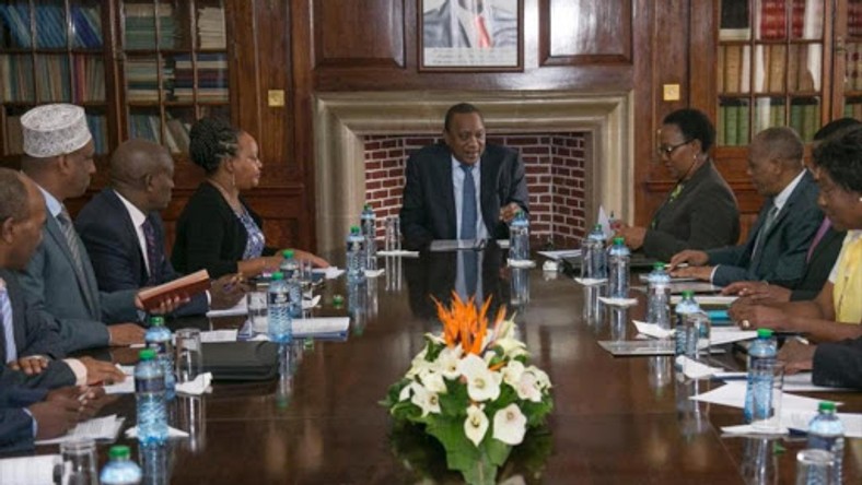 President Uhuru Kenyatta with 11 Governors including Mohamed Kuti of Isiolo (in white fez hat), Anne Waiguru of Kirinyaga, Kitui's Charity Ngilu and at State House in March 6, 2019.