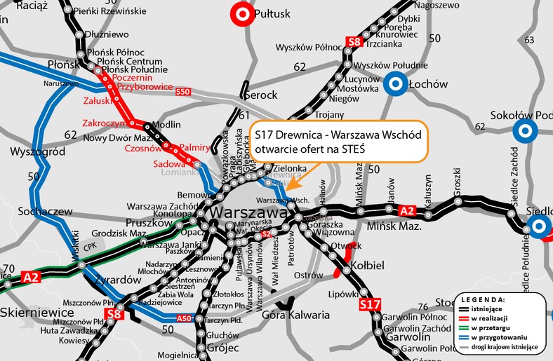 Planowany przebieg Wschodniej Obwodnicy Warszawy