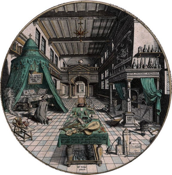 Wizerunek laboratorium alchemicznego z końca XVI wieku (domena publiczna)