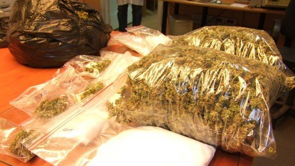 Kilkaset porcji marihuany znaleźli policjanci u 19-latka. Środki odurzające i sprzęt do ich porcjowania mężczyzna trzymał w plastikowym kuchennym pojemniku.