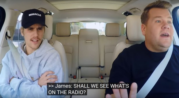 Justin Bieber i James Corden w Carpool Karoke.