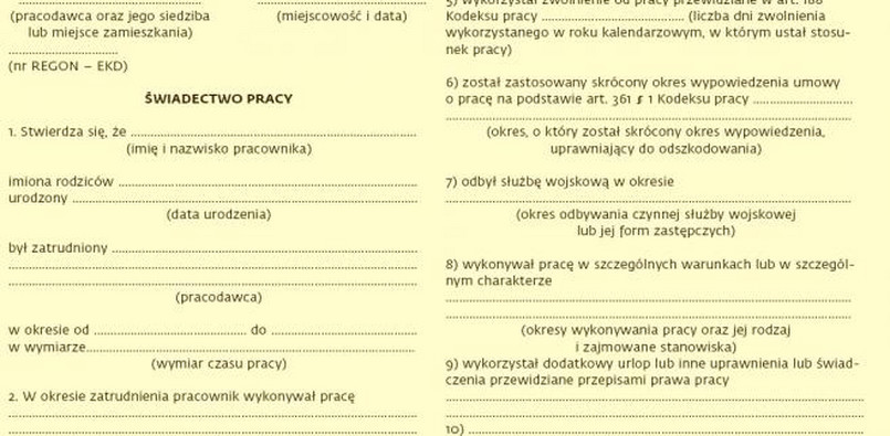 Wzór świadectwa pracy