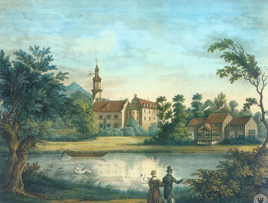 Widok na pałac Karpniki zza stawu - 1842 r.