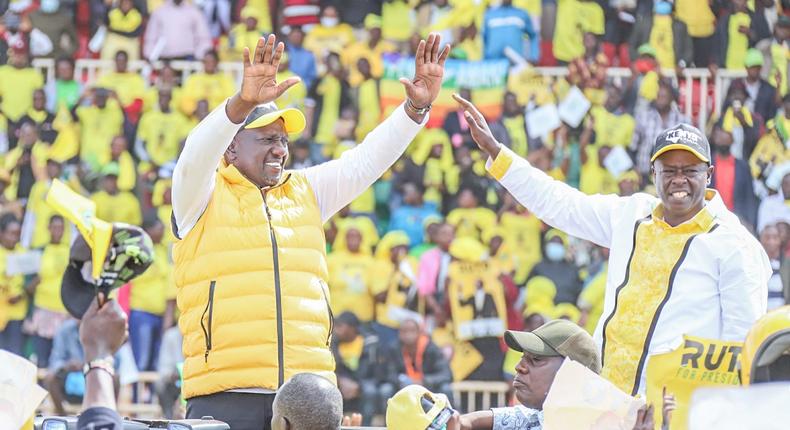 Kenya Kwanza presidential ticket - William Ruto and running mate Rigathi Gachagua - arrive at the Nyayo Stadium for final campaign rally on August 6, 2022