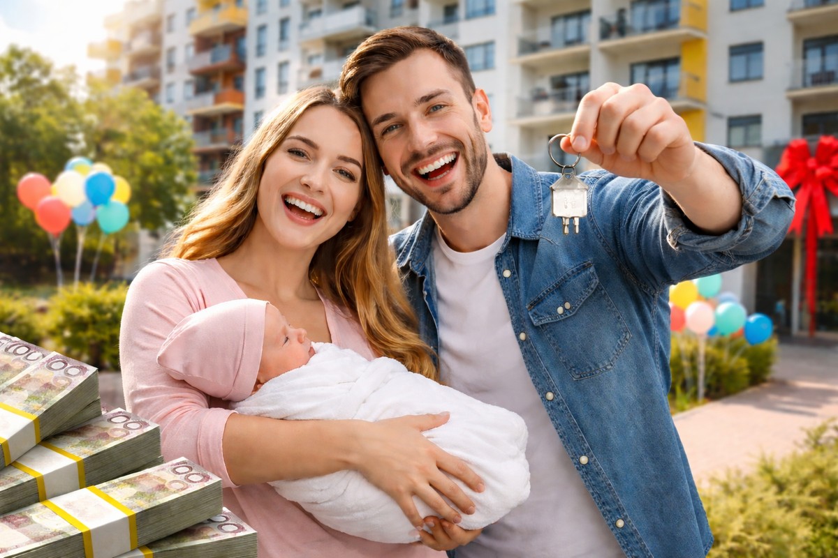 Kobieta trzyma niemowlę, a mężczyzna klucze do mieszkania, w tle blok