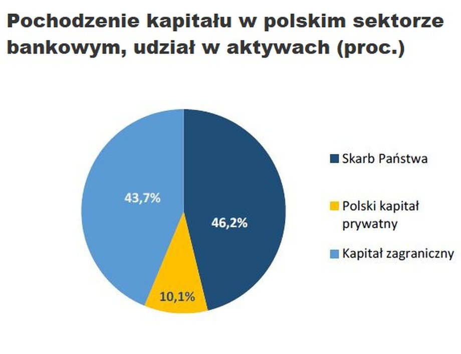 Na koniec sierpnia państwo kontrolowało 46 proc. kapitału w naszym sektorze bankowym, a polscy inwestorzy prywatni 10 proc., pozostałe 44 proc. znajdowało się w rękach inwestorów zagranicznych. 