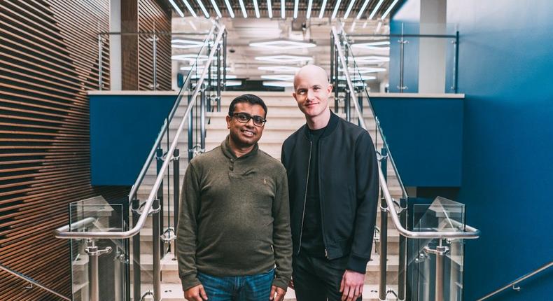 Coinbase chief product officer Surojit Chatterjee (left) has a stake in the company worth $657 million. CEO Brian Armstrong (right) has a stake worth $13 billion.
