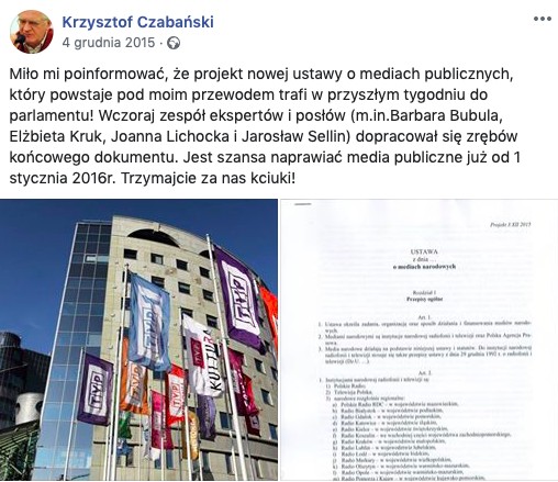 2015 r.Krzysztof Czabański zapowiada projekt o mediach narodowych