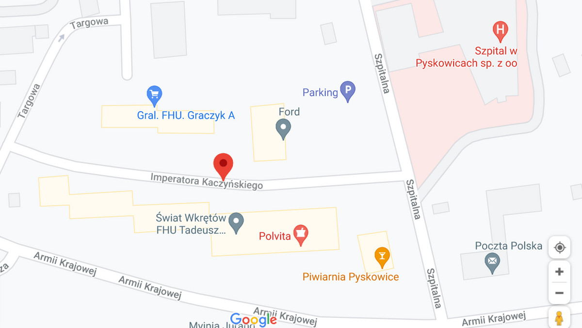 Pyskowice: ulica Imperatora Kaczyńskiego w Google Maps