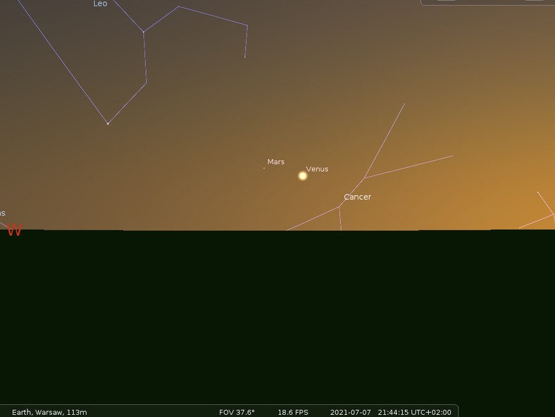Wenus i Mars po zachodzie Słońca widziane w pierwszym tygodniu lipca z okolic Warszawy