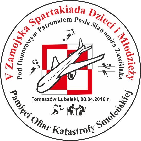 Logo V Zamojskiej Spartakiady Dzieci i Młodzieży Pamięci Ofiar Katastrofy Smoleńskiej