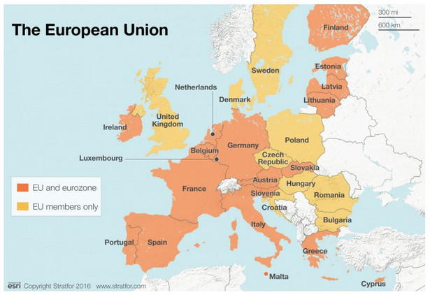 Unia Europejska 2016. Na pomarańczowo kraje UE, które są członkami strefy euro. Na żółto kraje UE, które nie są członkami strefy euro