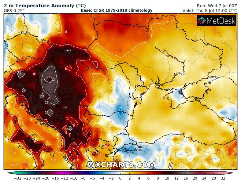 Odchylenie temperatury od średniej w czwartek