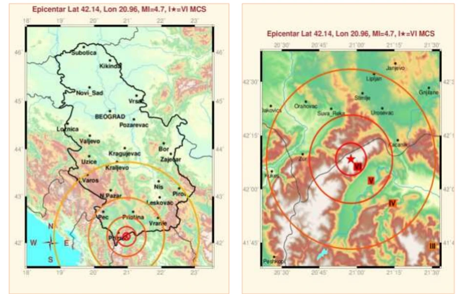 Položaj epicentra zemljotresa koji je registrovan 10. februara u 22:05 po lokalnom vremenu, sa zonama naznačenog intenziteta (izoseistama).