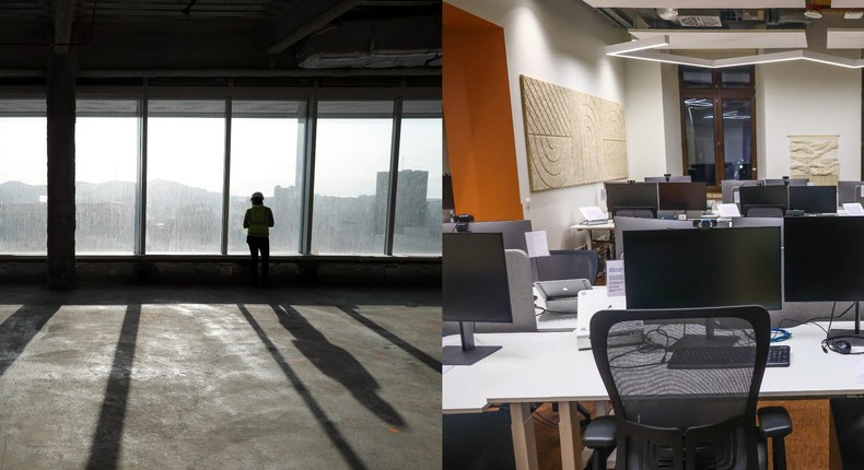 An empty, unfinished office floor compared to the kinds of offices that landlords are offering as spec space.Carlos Avila Gonzalez/San Francisco Chronicle via Getty Images and NurPhoto/Getty Images