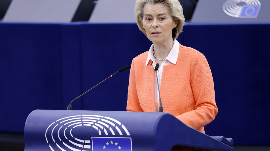 Przewodnicząca Komisji Europejskiej Ursula von der Leyen przemawia w Parlamencie Europejskim w Strasburgu, 12 marca 2024 r.
