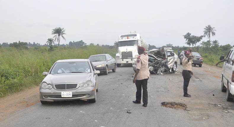 FRSC officials controlling traffic at an accident scene. [dailypost]