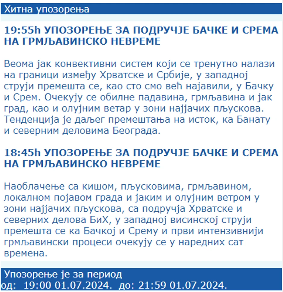 Hitno upozorenje RHMZ