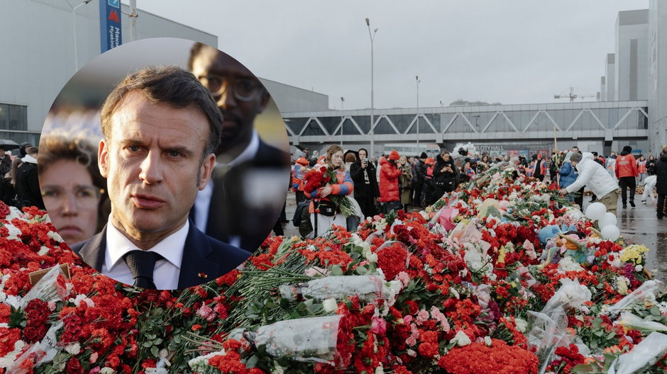 Rosjanie składają hołd ofiarom ataku w Moskwie, 24 marca 2024 r. (w kółku: Emmanuel Macron na Gujanie Francuskiej, 25 marca 2024 r.)