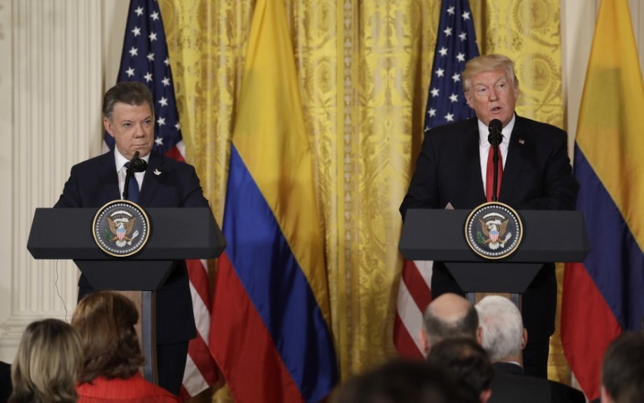 President Donald Trump with Colombian President Juan Manuel Santos, left, at the White House, May 18, 2017.