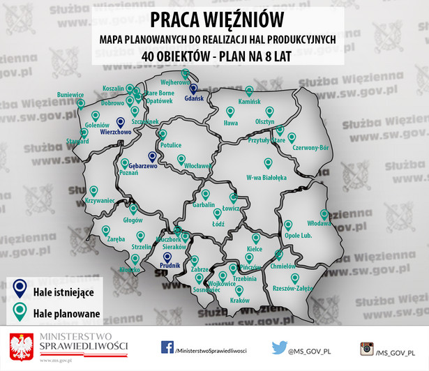 Program prawy więźniów - planowana lokalizacja przywięziennych hal produkcyjnych, źródło: MS