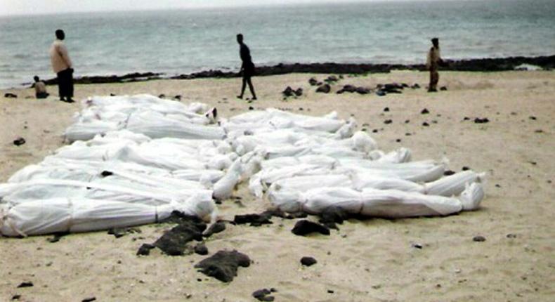 A photo taken in March 2006 and obtained from the United Nations High Commissioner for Refugees (UNHCR) shows the bodies of young men believed to be Somali refugees, found on Yemen's Red Sea coastline in Shabwa province