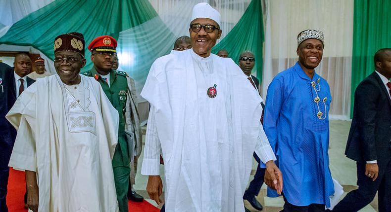 President Muhammadu Buhari (centre) won the 2019 presidential election with Minister of Transportation, Rotimi Amaechi (right) as the Director General of his campaign and APC National Leader, Bola Tinubu (left) as the co-chairman of his campaign council [Facebook/Femi Adesina]