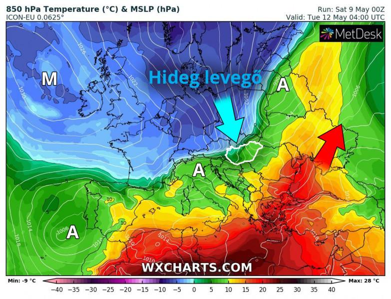 Durva hőmérsékleti kontraszt alakul ki a front mentén (előrejelző modell: ICON-EU, forrás: WXCharts.com)