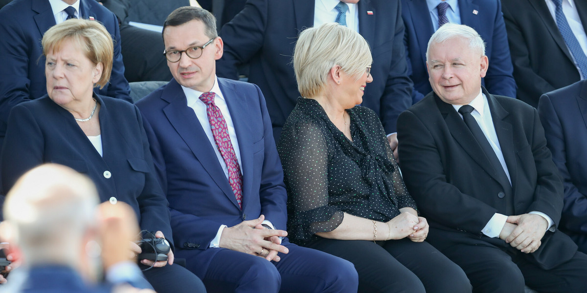 Od lewej: kanclerz Niemiec Angela Merkel, premier Polski Mateusz Morawiecki, prezes Trybunału Konstytucyjnego Julia Przyłębska, prezes Prawa i Sprawiedliwości Jarosław Kaczyński. Zdjęcie z września 2019 r. 