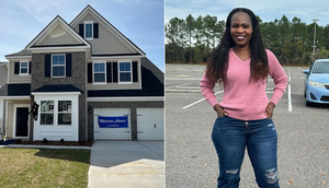 A collage of Linda Okello and her new house