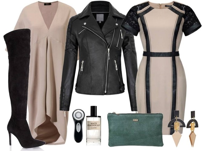 STYLIZACJE w kolorze nude: Sukienka oversize Boca/boca.pl, sukienka z czarna lamówką– CristinaEffe/cristinaeffe.com.pl, ramoneska – White House/whitehouse.sklep.pl, torebka – antbag by ania/antbags.pl, buty – Gianmarko/gianmarko.pl, akcesoria – TKMAXX/tkmaxx.pl