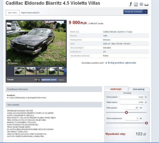 Ogłoszenie o sprzedaży cadillaca eldorado, którym jeździła Violetta Villas