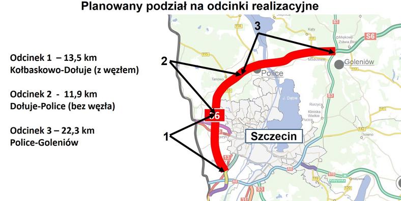 Przebieg Zachodniej Obwodnicy Szczecina w ciągu drogi S6 z podziałem na przyszłe odcinki realizacyjne
