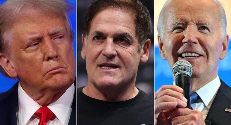 Of the 2 options Joe is who I would hire as a CEO, Mark Cuban (center) said on Saturday after Piers Morgan asked him if he'd hire President Joe Biden (right) or former President Donald Trump (left) to run any of his businesses.Justin Sullivan via Getty Images; Tim Heitman via Getty Images; Mandel Ngan/AFP via Getty Images