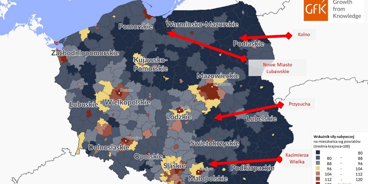 Wzrost gospodarczy nie dotarł wszędzie. Największe pożytki dał ludziom mieszkającym w pobliżu wielkich ośrodków miejskich. Są też obszary biedy - wskazuje raport GeoMarketing.