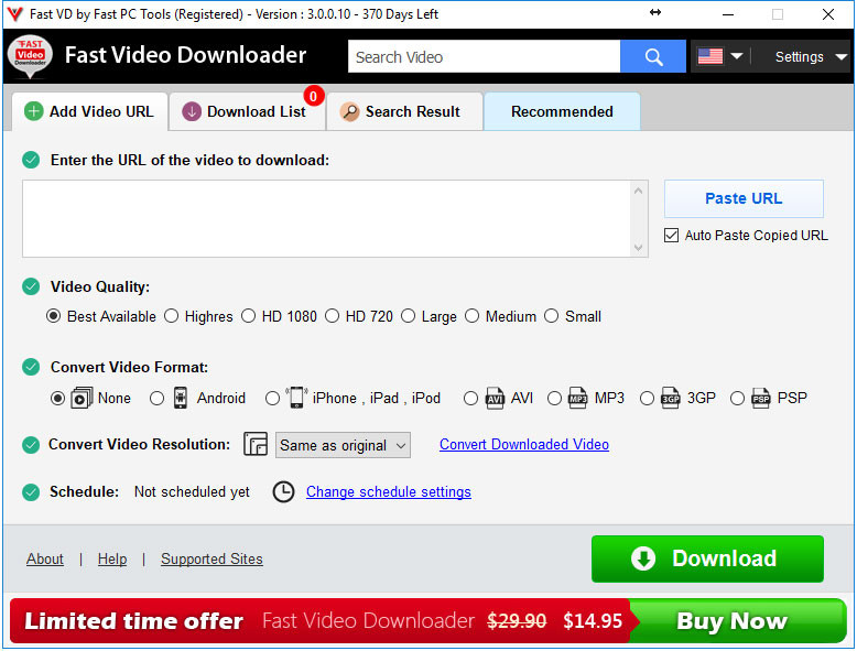 Główne okno programu do ściągania filmów z licznych stron WWW - Fast Video Downloader
