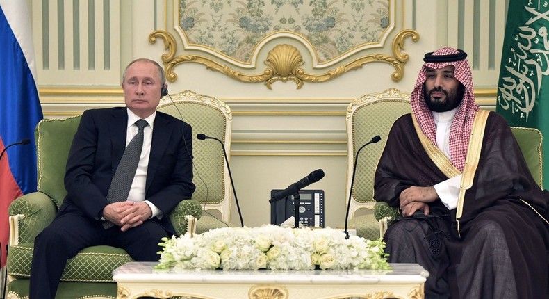 Russian President Vladimir Putin meets with Saudi Crown Prince Mohammed bin Salman in Riyadh, Saudi Arabia, on October 14, 2019.