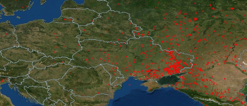 Mapa aktywnych pożarów w Ukrainie