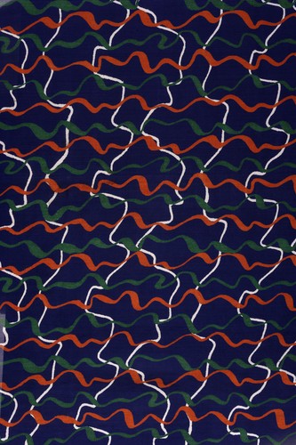 Władysław Strzemiński, Tkanina drukowana pomarańczowo-zielono-biały wzór na granatowym tle,, 1949, wł. Muzeum Narodowe w Warszawie