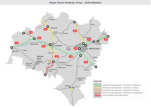 Mapa stanu budowy dróg - woj. dolnośląskie, źródło: GDDKiA