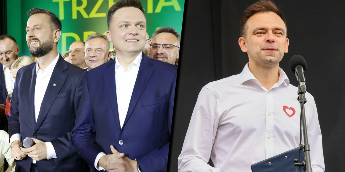Władysław Kosiniak-Kamysz i Szymon Hołownia na wieczorze wyborczym (po lewej) i Andrzej Domański.