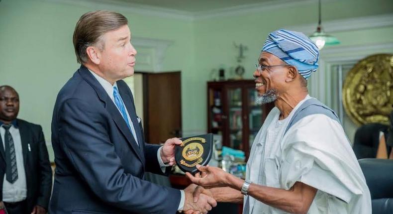 Courtesy Call by American Ambassador to Nigeria, Amb. Stuart W. Symington to Governor Rauf Aregbesola, at the Bola Ige House, Abere, Osogbo, State of Osun. Ambassador Symington was accompanied by his son, Stuart Symington and two of his aides on Tuesday.