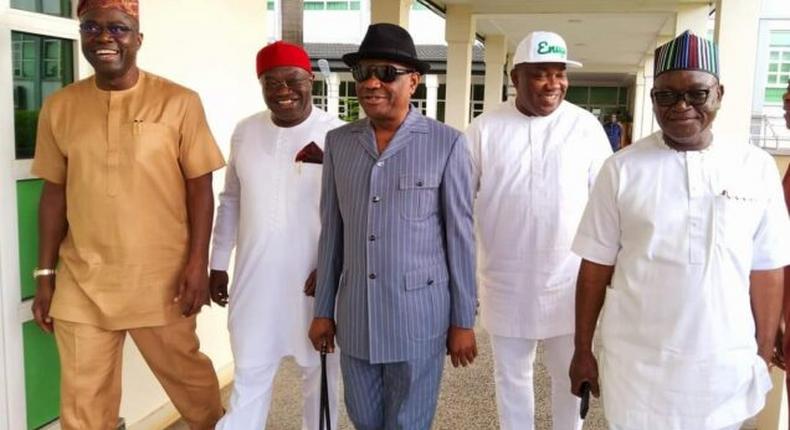  Governor Seyi Makinde (Oyo), Okezie Ikpeazu (Abia), Nyesom Wike (Rivers), Ifeanyi Ugwuanyi (Enugu) and Samuel Ortom (Benue) after their meeting on Sunday, October 2, 2022. (PMNews)