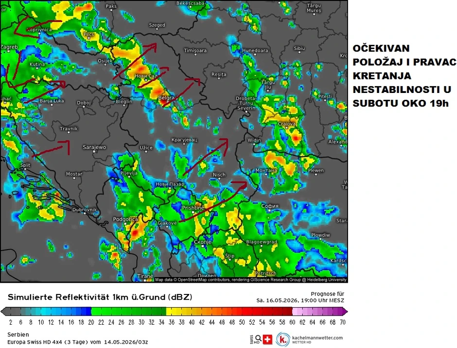Položaj i kretanje nestabilnosti u subotu oko 19