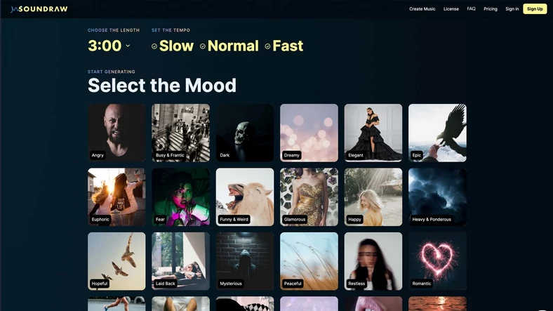 Soundraw tworzy odpowiedni utwór muzyczny dla niemal każdego nastroju za naciśnięciem przycisku