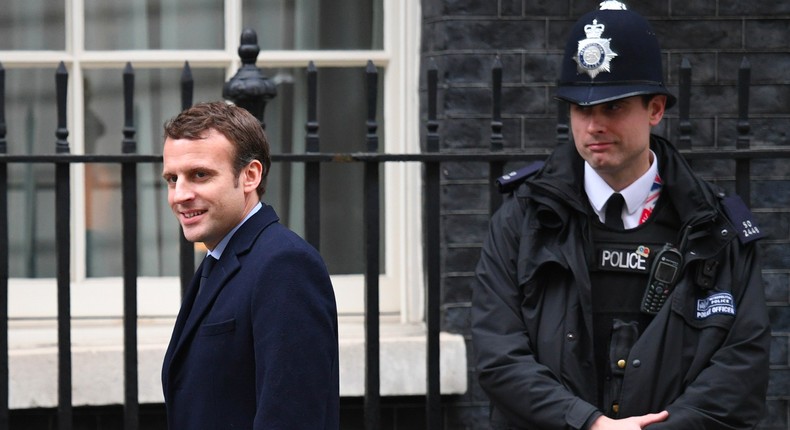 French presidential candidate Emmanuel Macron arrives at 10 Downing Street.