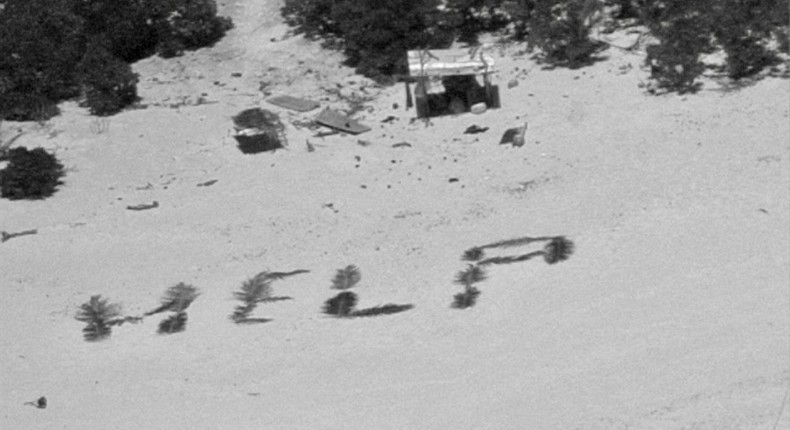 The crew of a Hawaii-based HC-130J Hercules aircraft makes contact with three mariners stranded on Pikelot Atoll, Yap State, Federated States of Micronesia, after dropping them a radio on April 8, 2024.US Coast Guard photo